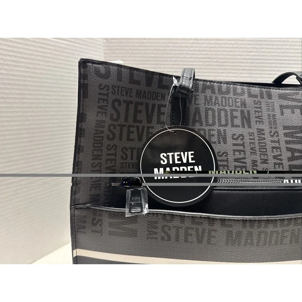 Steve Madden Black Bolivia Tote Logo Bag with Interior  Pouch Black